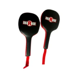 A pair of black and red paddle tennis rackets.