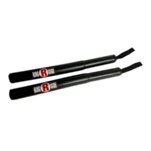 A pair of black handles with red lettering.