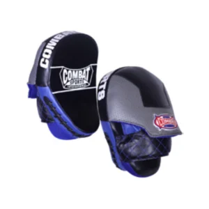A pair of blue and black pads for boxing.