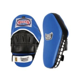 A pair of blue and black pads for boxing.