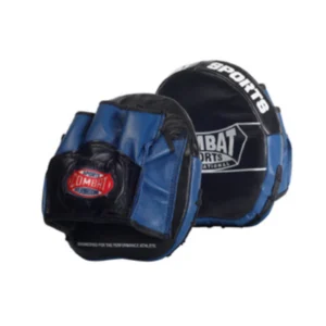 A pair of blue and black pads for boxing.