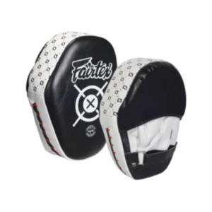 A pair of black and white pads for boxing.