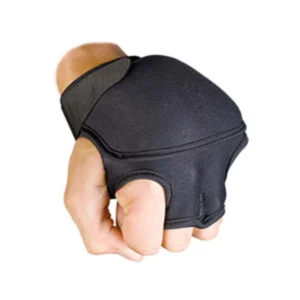 A person wearing a black glove is holding it