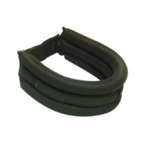 A black collar is sitting on top of a white table.