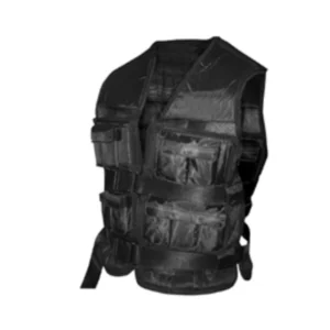 A black vest with many pockets on it