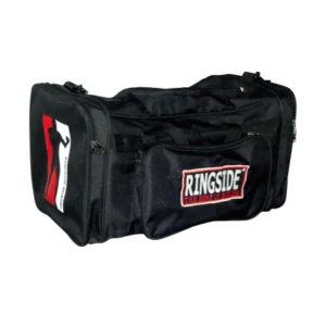 A black bag with red and white logo.