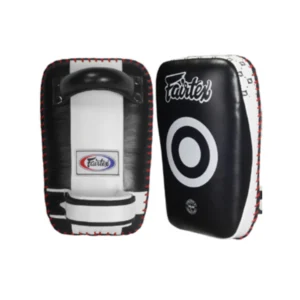A pair of black and white pads for boxing.