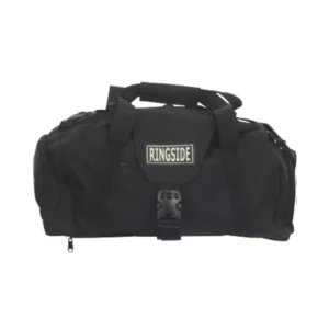 A black duffel bag with a white logo.