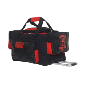 A black and red bag with wheels on it