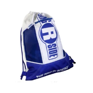 A blue and white backpack with the word " r-side ".