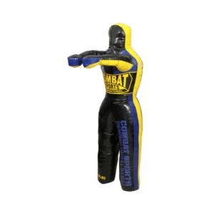 A black and yellow inflatable man with blue lettering.