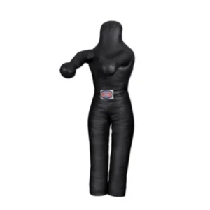 A black dummy is standing up and has his arm out.