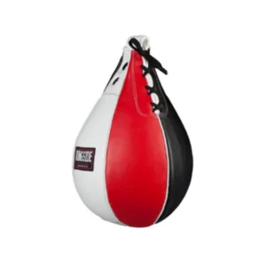 A red and white boxing bag with laces on it.