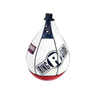 A white and red boxing bag with the words ring p sure on it.