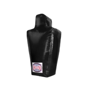 A black punching bag with a red and blue sticker on it.