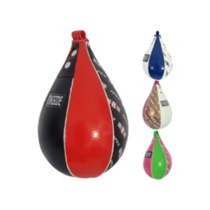 A group of four different colored boxing bags.