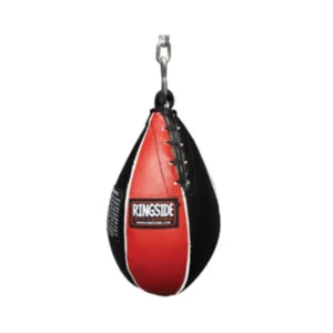 A red and black boxing bag hanging from a chain.