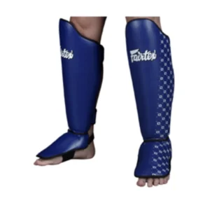 A pair of blue shin guards with the name " fuerte ".
