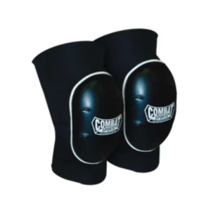 A pair of knee pads with black and white lettering.
