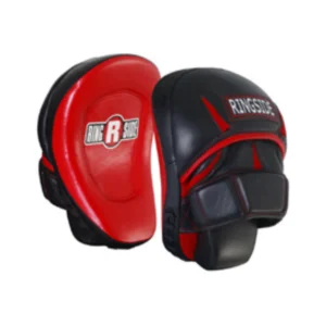 A pair of red and black pads for boxing.