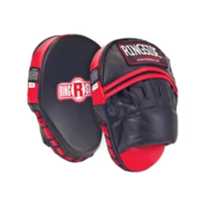 A pair of red and black pads for boxing.
