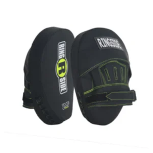 A pair of black and green pads for boxing.