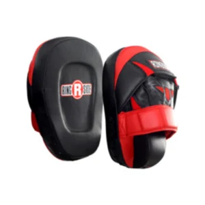 A pair of red and black pads for boxing.