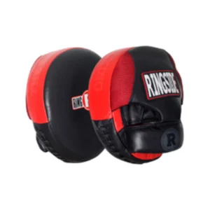 A pair of red and black pads for boxing.