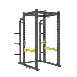 A squat rack with yellow bars and black frame.