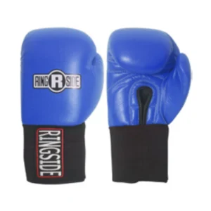 A pair of blue boxing gloves with black trim.