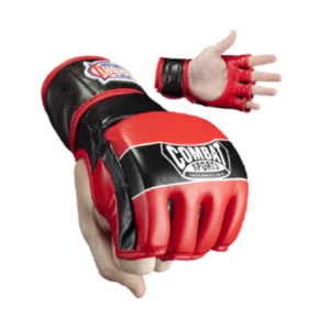 A red and black mma glove is in the air.