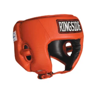A close up of an orange and black ringside boxing helmet