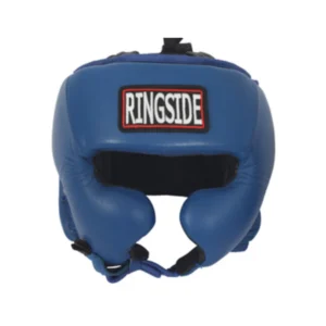 A blue boxing helmet with the words ringside on it.