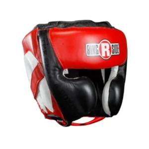 A red and black boxing helmet is shown.