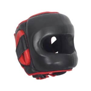 A black and red helmet is on the ground.