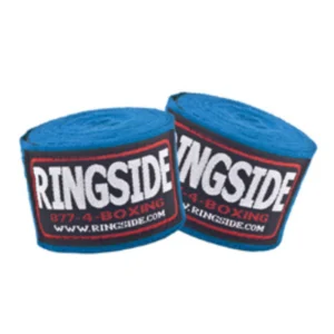 A pair of blue boxing wraps are sitting on top of each other.