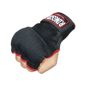 A hand with a black and red glove on it