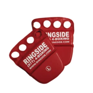 A pair of red boxing mitts with five holes.