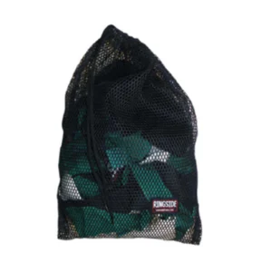 A black mesh bag with green leaves on it.