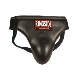 A black ringside groin guard with the logo of ringside.