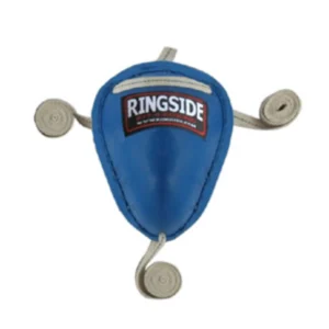 A blue and white dog toy with a tag on it.