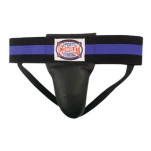 A black and blue jock with a logo on it.