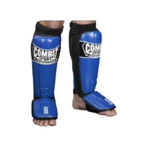 A pair of blue and black shin guards.