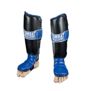A pair of blue and black shin guards.