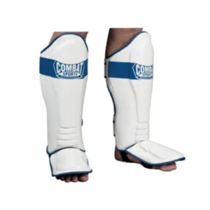 A pair of white and blue shin guards.