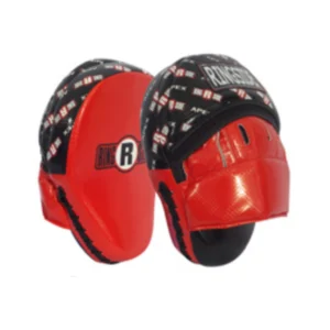 A pair of red and black pads for boxing.