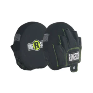 A pair of black and yellow pads sitting on top of a table.