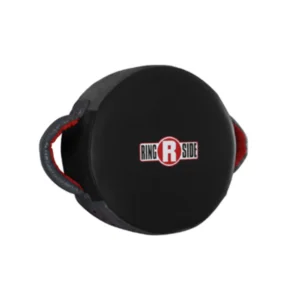 A black round bag with red handles and an r logo.
