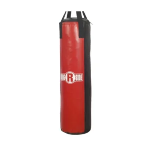 A red and black punching bag is shown.