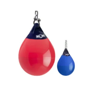 A red and blue ball hanging from a chain.